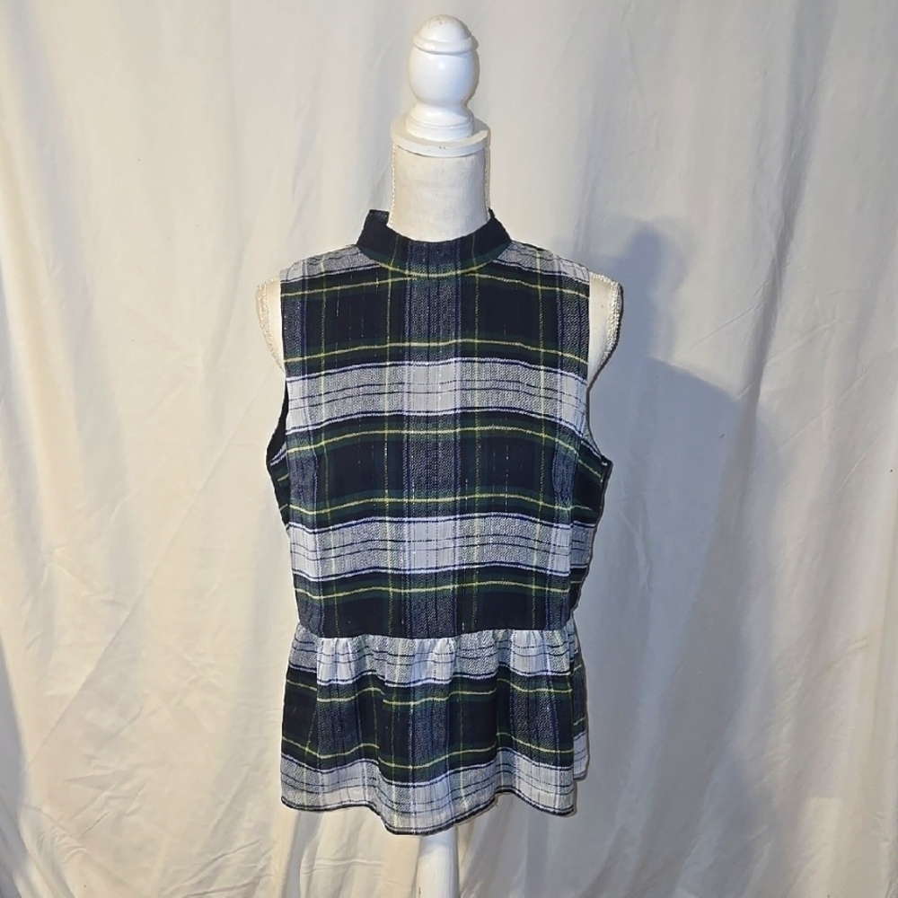 J. Crew Blue Sleeveless Peplum Top with Mandarin Collar